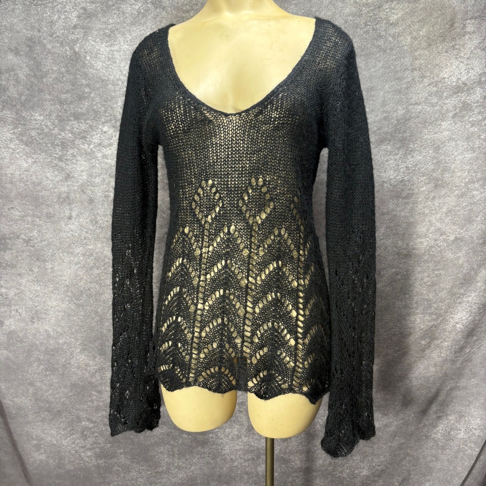 Y2K Wet Seal Black Mohair Blend Pointelle Open Knit V-Neck Sweater Size L
